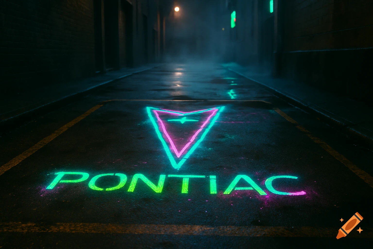 Neon Pontiac logo and name glowing on a wet alley ground at night, with mist in the background.