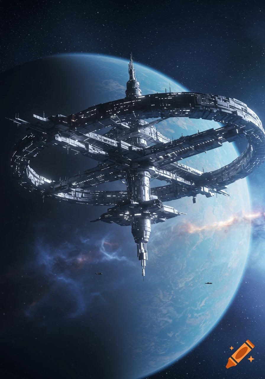 A large, intricate futuristic space station with multiple rings orbits a blue-green planet in a starry cosmic background.