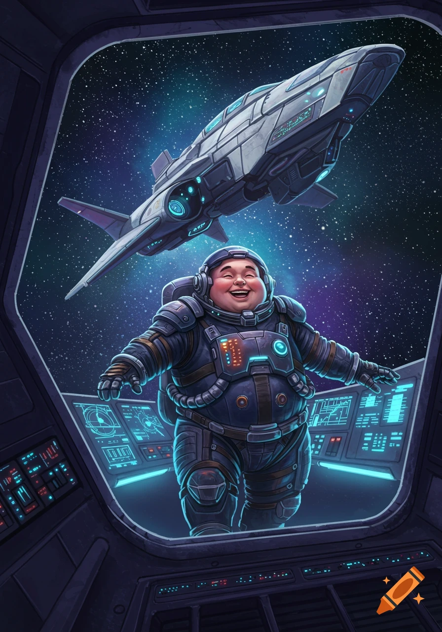 Cheerful, chubby astronaut in a detailed spacesuit smiles in a spaceship cockpit, viewing another ship in starry space, illustrated.