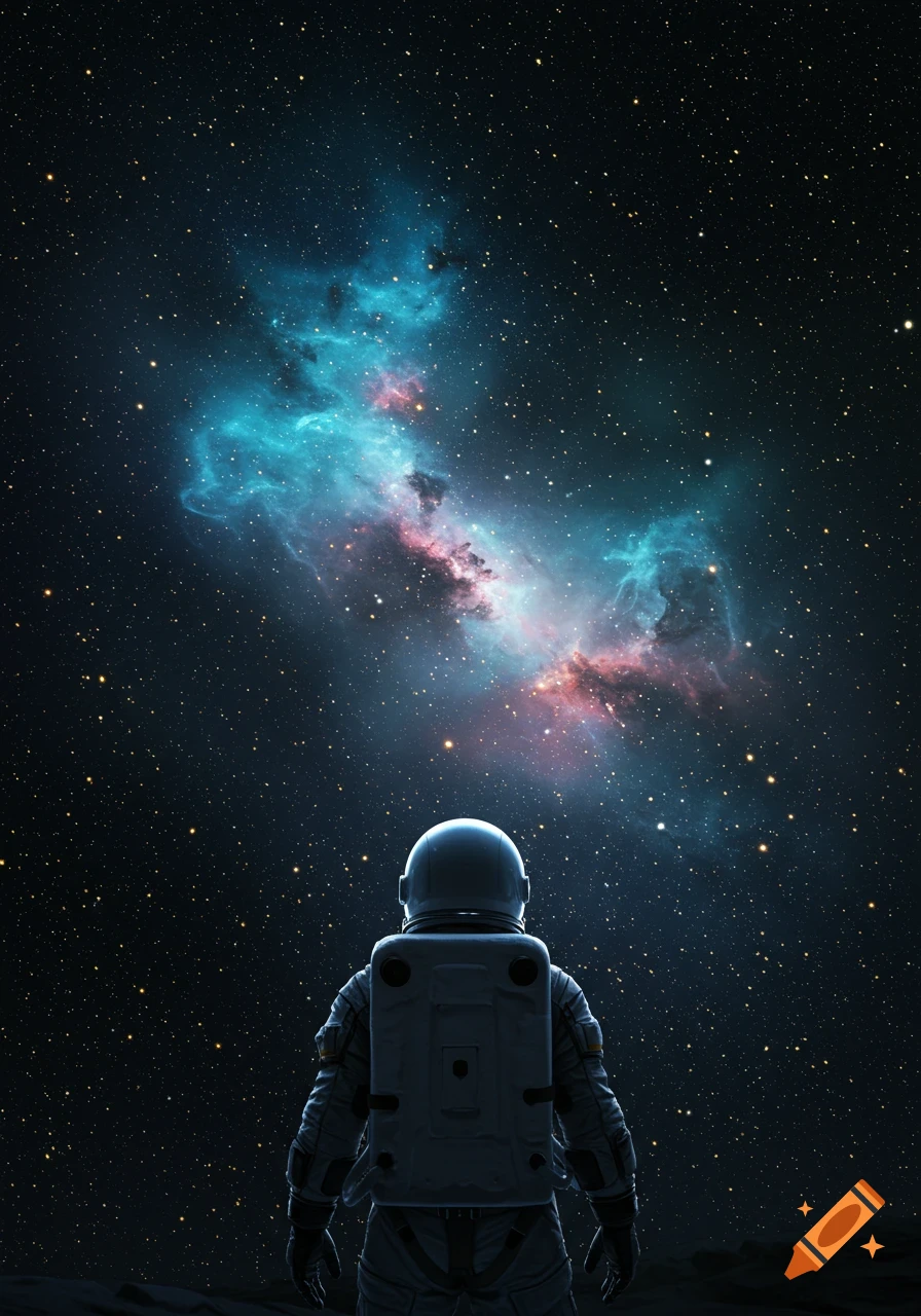 An astronaut stands on a planet looking up at a vibrant blue and pink nebula in a star-filled night sky.