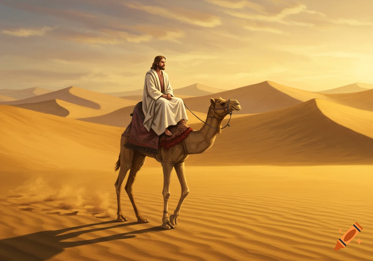 Jesus, dressed in white, rides a camel across a sunny, vast desert with rolling sand dunes. Painterly style.