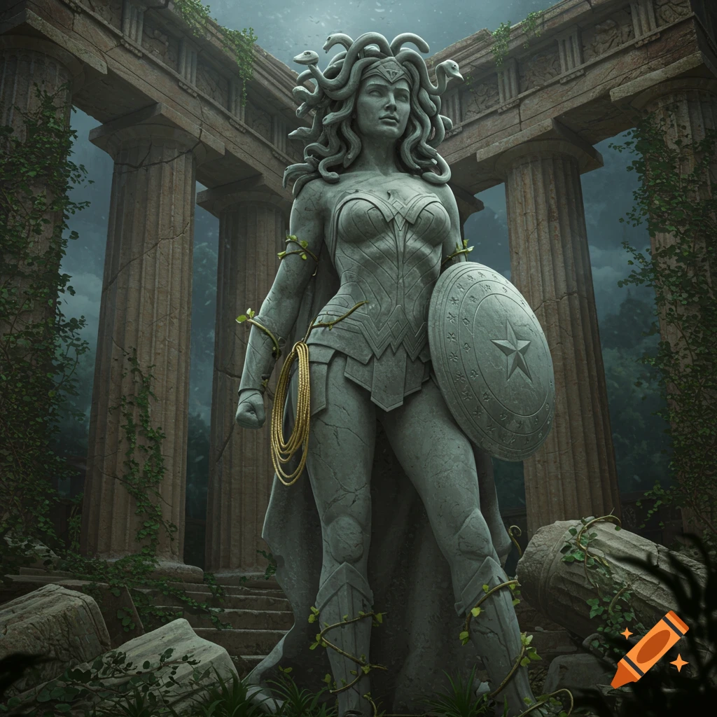 Detailed stone statue of Wonder Woman with snakes for hair, holding a shield, amidst overgrown ancient ruins.