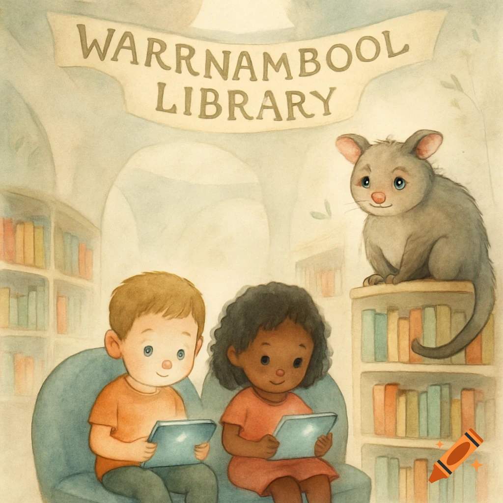Watercolor illustration of two children reading tablets in a library under a "Warrnambool Library" banner, with a possum on a bookshelf.