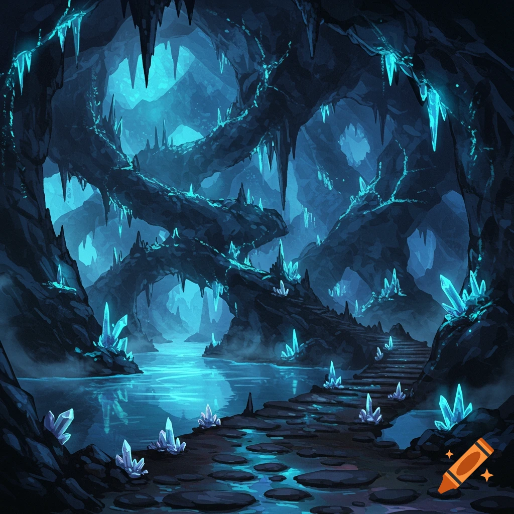 Dark fantasy cave with glowing blue crystals, a reflective river, and winding rock formations.