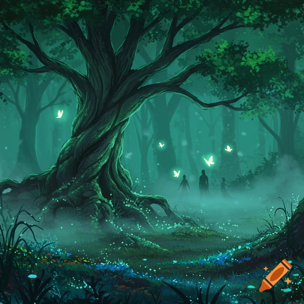 A mystical, dark green forest with a large gnarled tree, glowing butterflies, and shadowy figures in the mist, digital art.