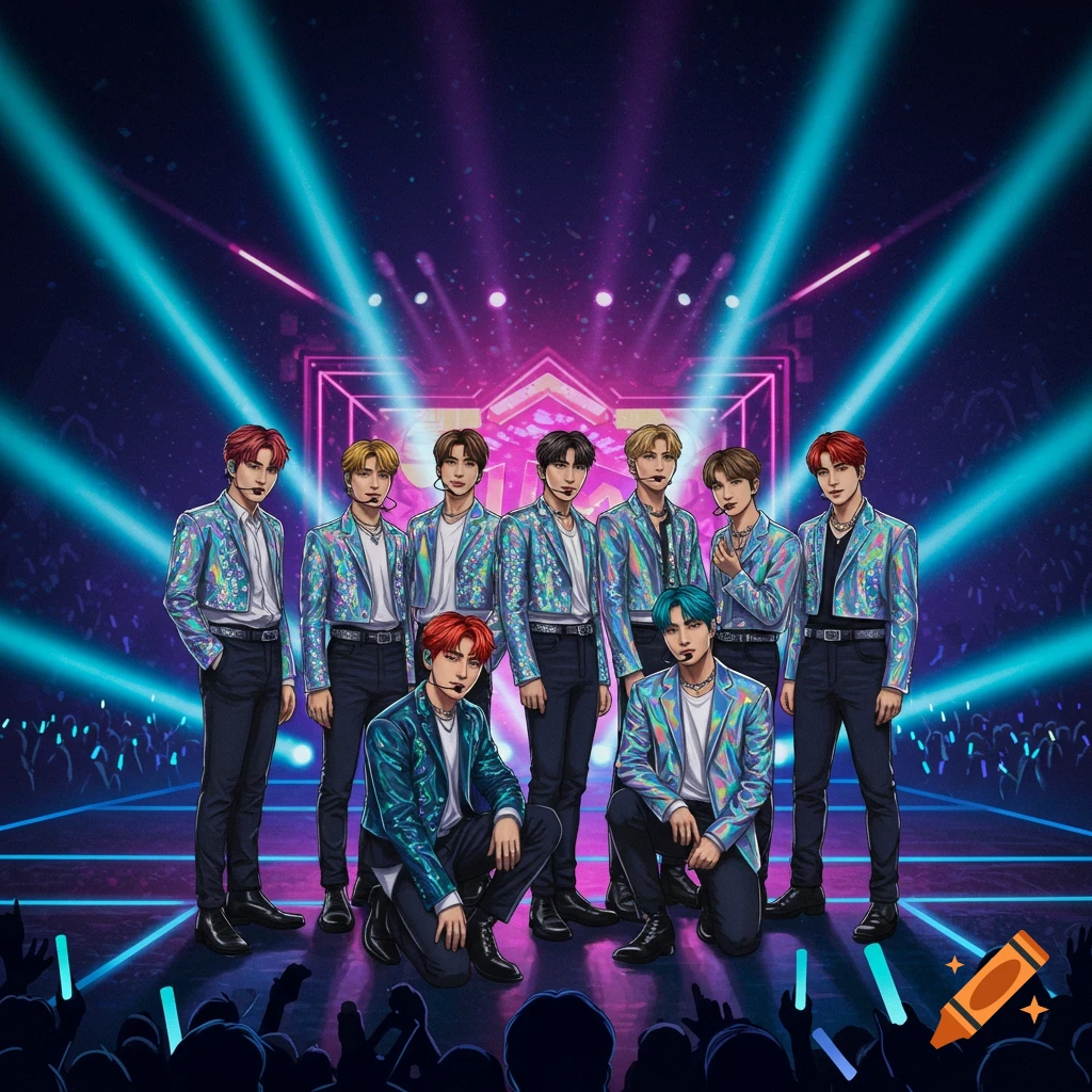 An anime-style K-pop group with eight male members in sparkling suits performs on a vibrant stage with neon lights.
