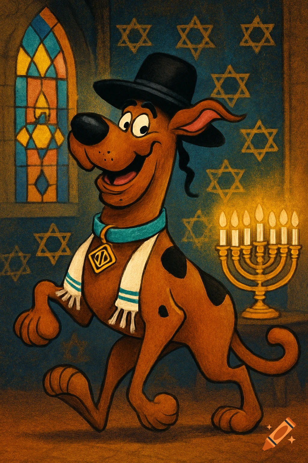 Scooby-Doo dressed as an Orthodox Jew, wearing a black hat and tallit, standing in a synagogue with a menorah and Stars of David.