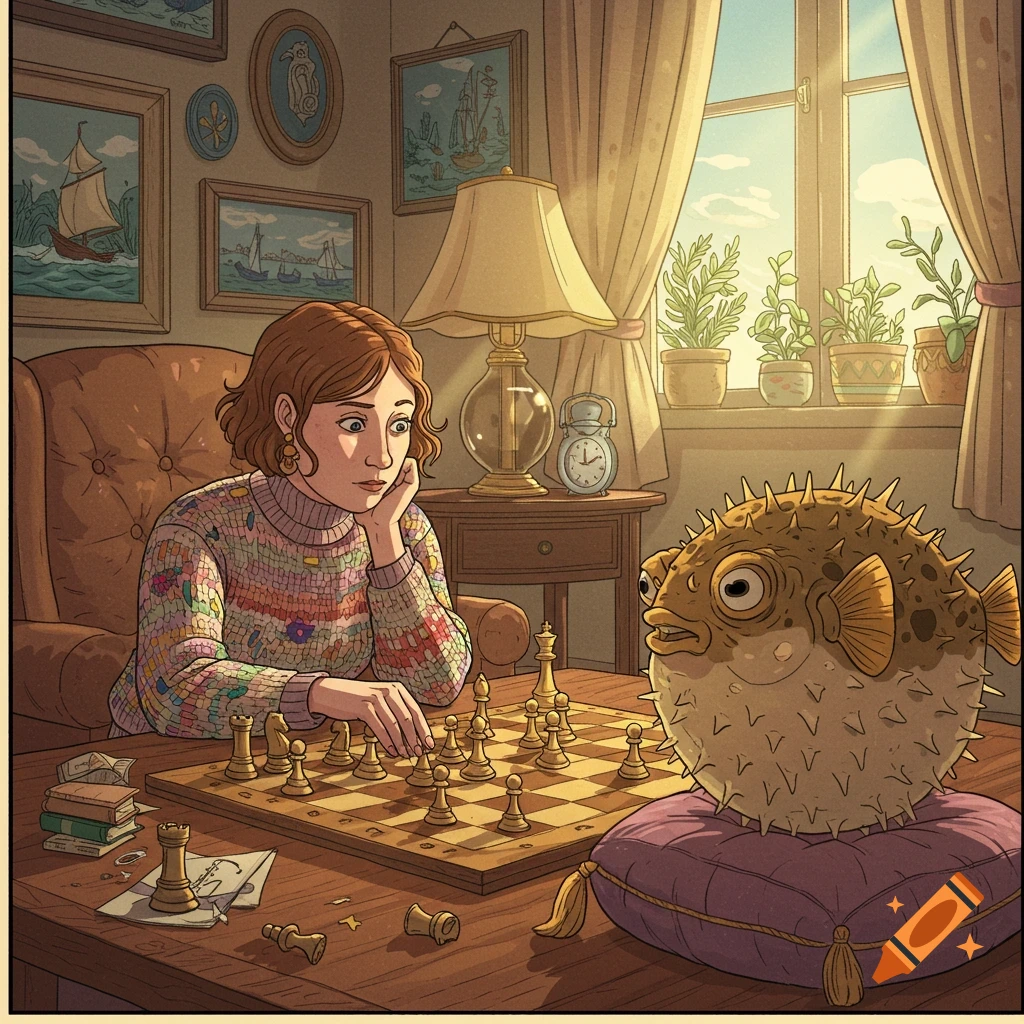 An illustration of a woman playing chess against a pufferfish in a cozy, sunlit room.