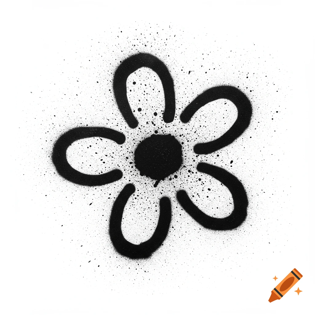 A simple black spray-painted flower with a thick outline and splatters on a white background.