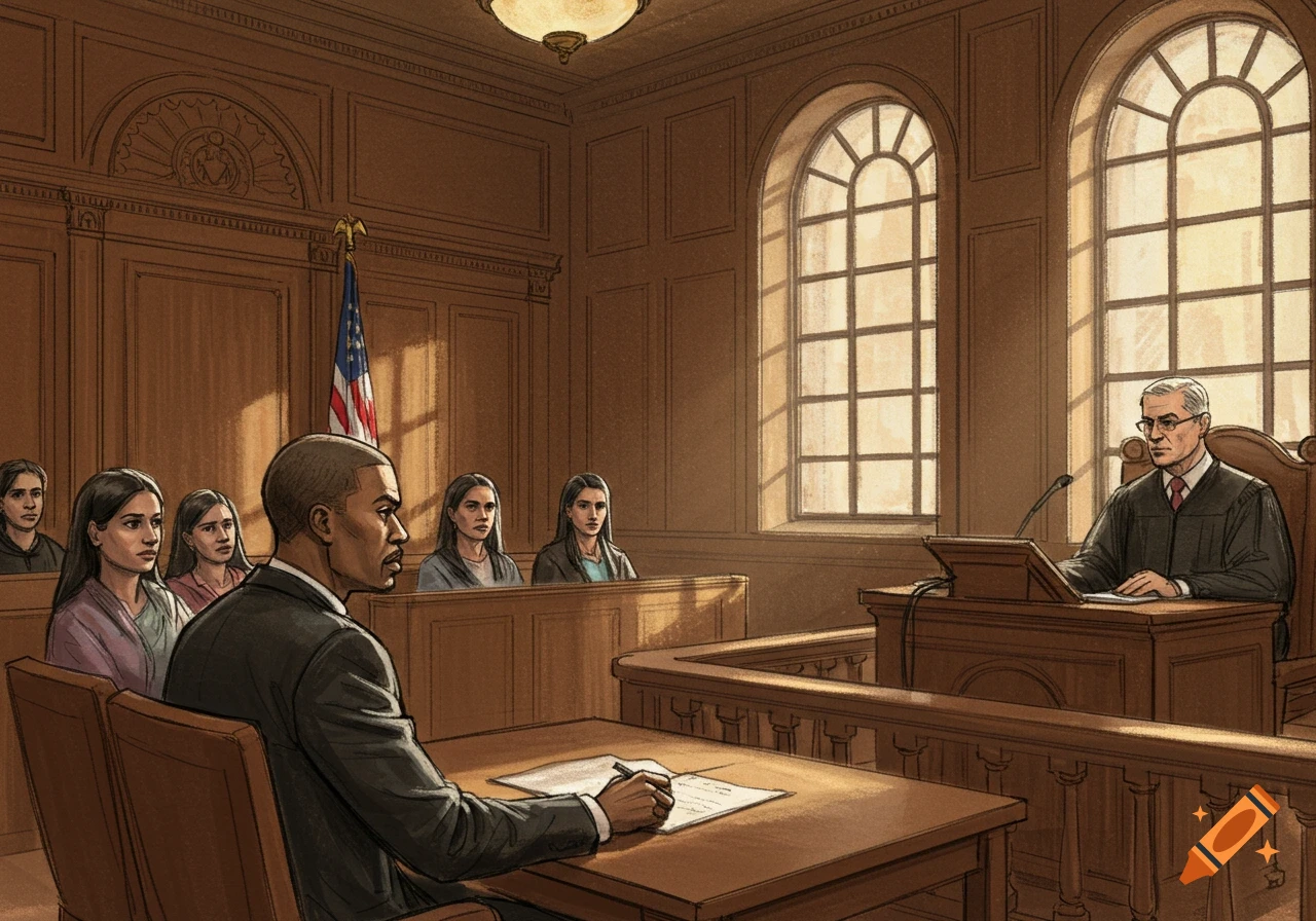 Courtroom sketch of a defendant at a table, a judge on the bench, and observers. Illustrative style.