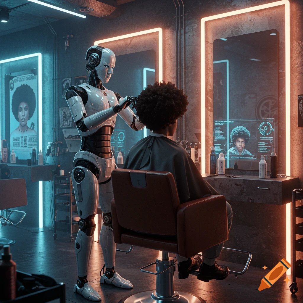 A robot barber gives a person with an afro haircut in a futuristic barbershop with neon lights and digital displays.
