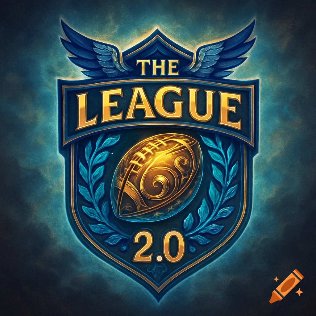A stylized gold and blue shield logo with wings, featuring 'THE LEAGUE' and '2.0' text, and a decorative golden football.