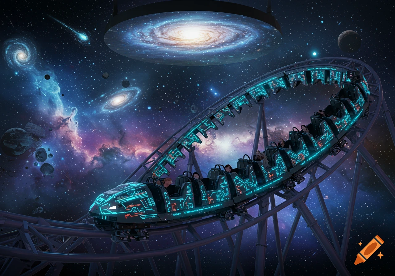 A futuristic rollercoaster with neon lights travels through a vibrant galaxy with nebulae, stars, and planets.