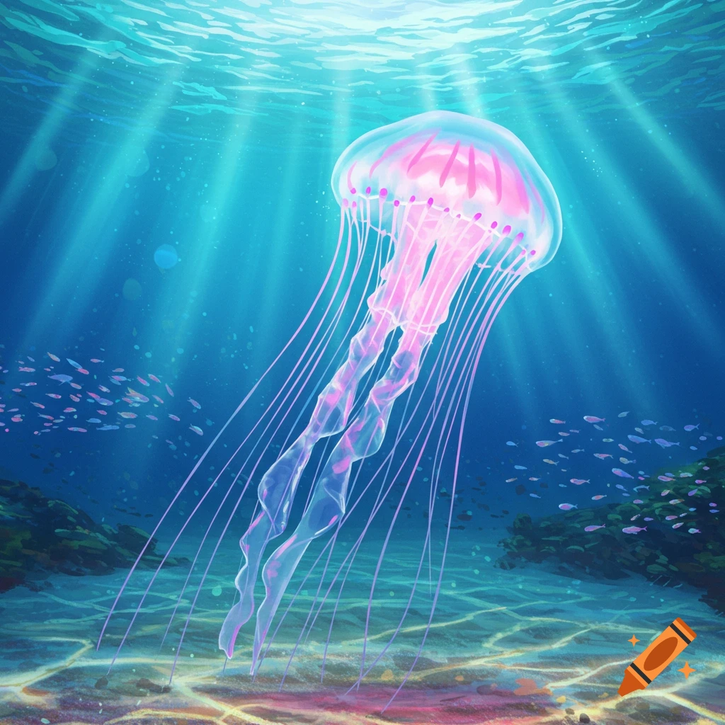 A vibrant, animated pink and purple jellyfish floats gracefully underwater, illuminated by sun rays, with small fish and coral below.