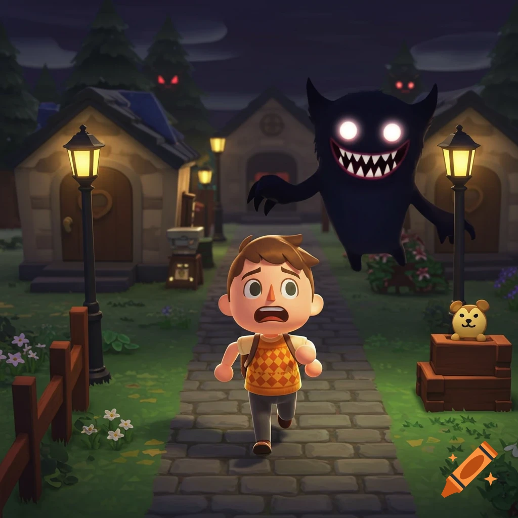 A cartoon Animal Crossing-style character runs terrified down a village path at night, pursued by a shadowy, glowing-eyed monster.