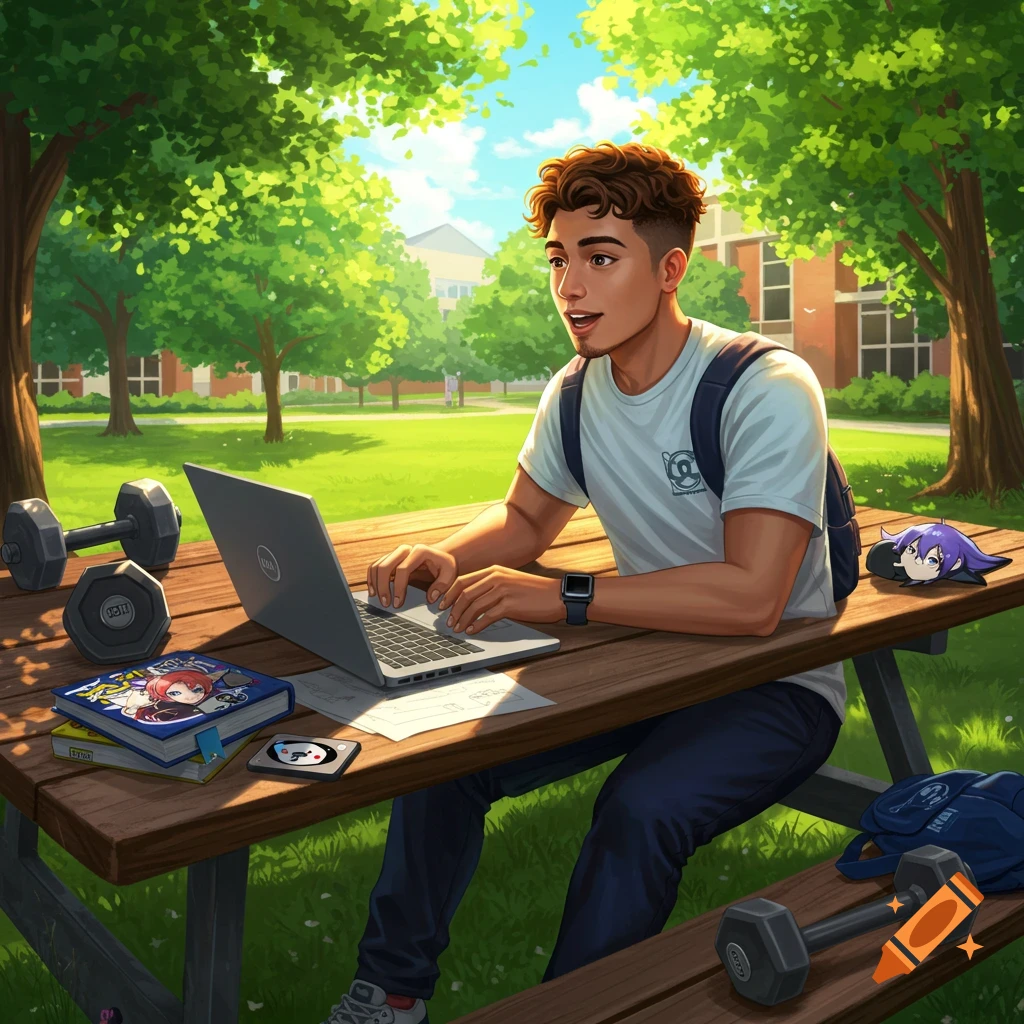 A young man with curly hair wearing a backpack and t-shirt, working on a laptop at a picnic table in a sunny park with books and dumbbells.