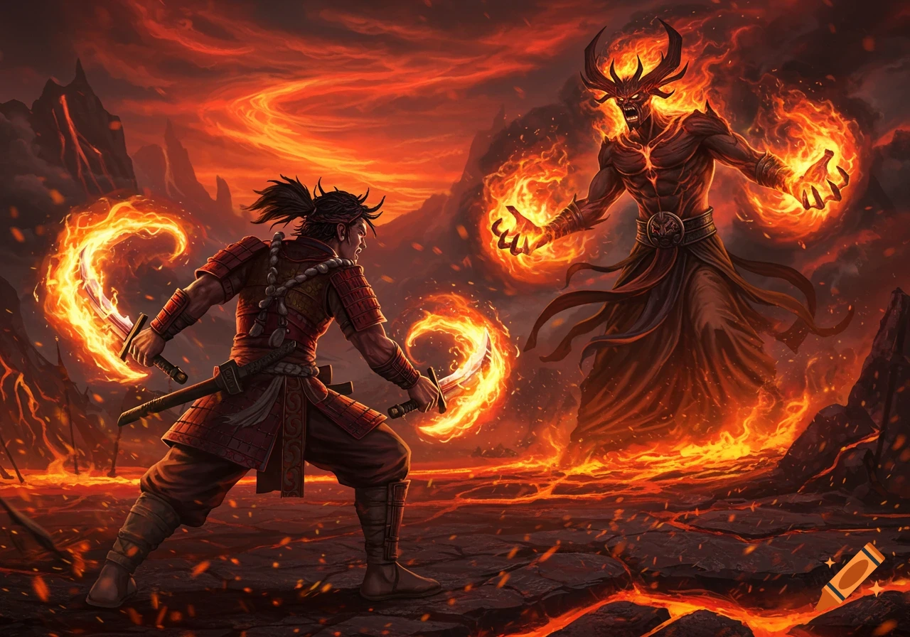 A warrior with fiery swords battles a horned demon in a lava-filled, volcanic landscape, digital art.