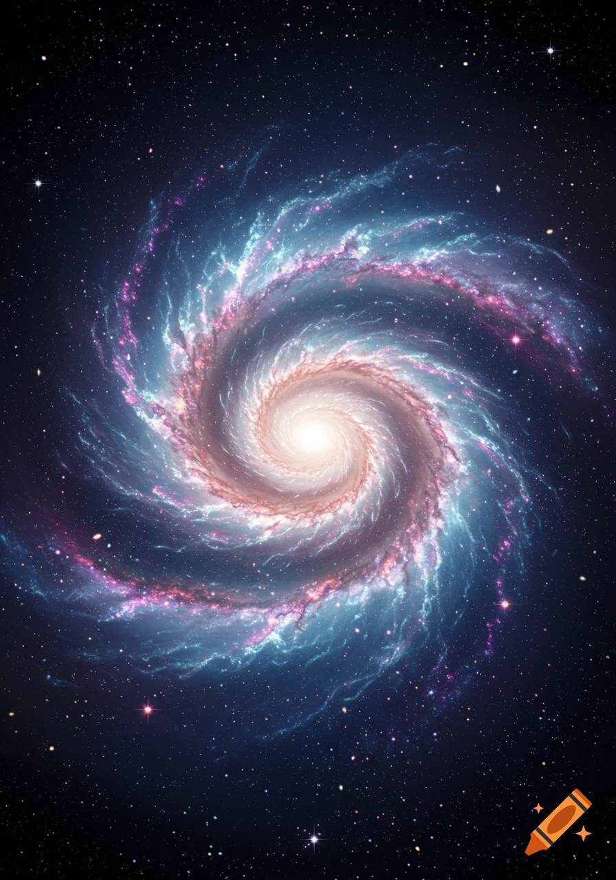 A vibrant, multicolored spiral galaxy with a bright core, set against a dark, star-filled cosmic background.