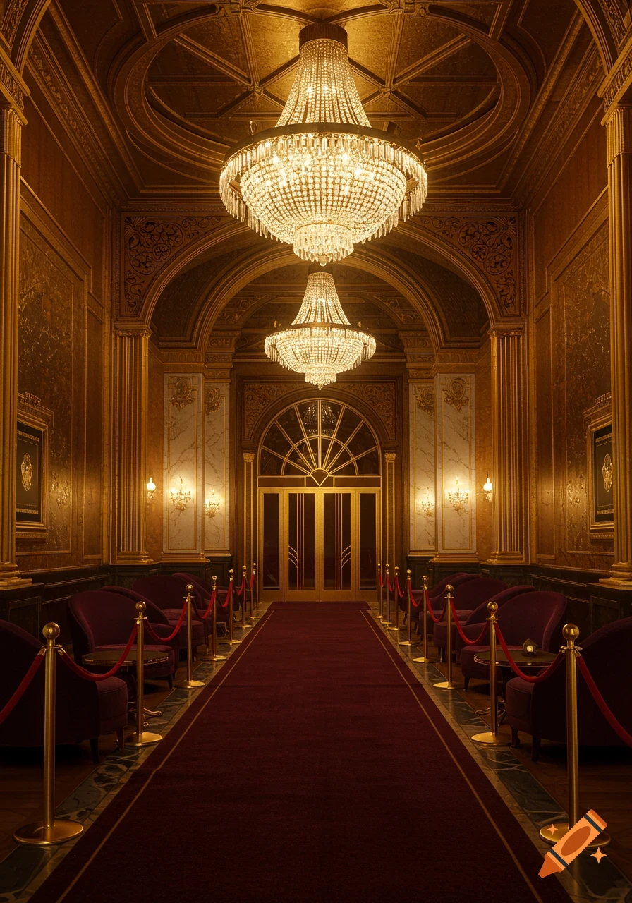 A grand art deco theatre lobby with a long red carpet, luxurious velvet seating, gilded walls, and sparkling crystal chandeliers.