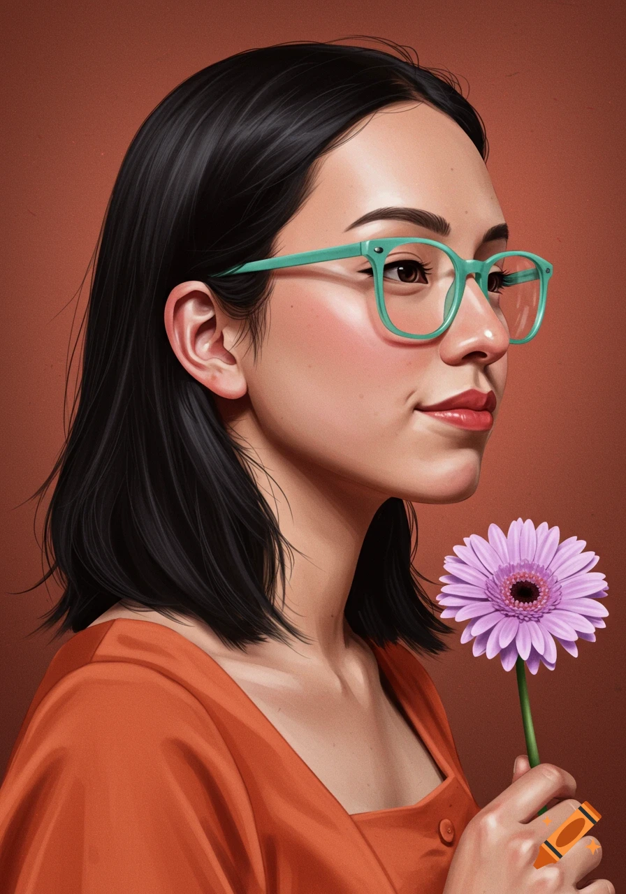 An illustrated profile of a woman with black hair and aqua glasses holding a purple gerbera flower.