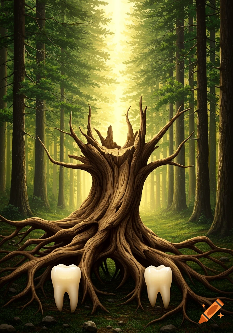 A surreal painting of a twisted tree stump with gnarled roots intertwined with large teeth in a sunlit forest.