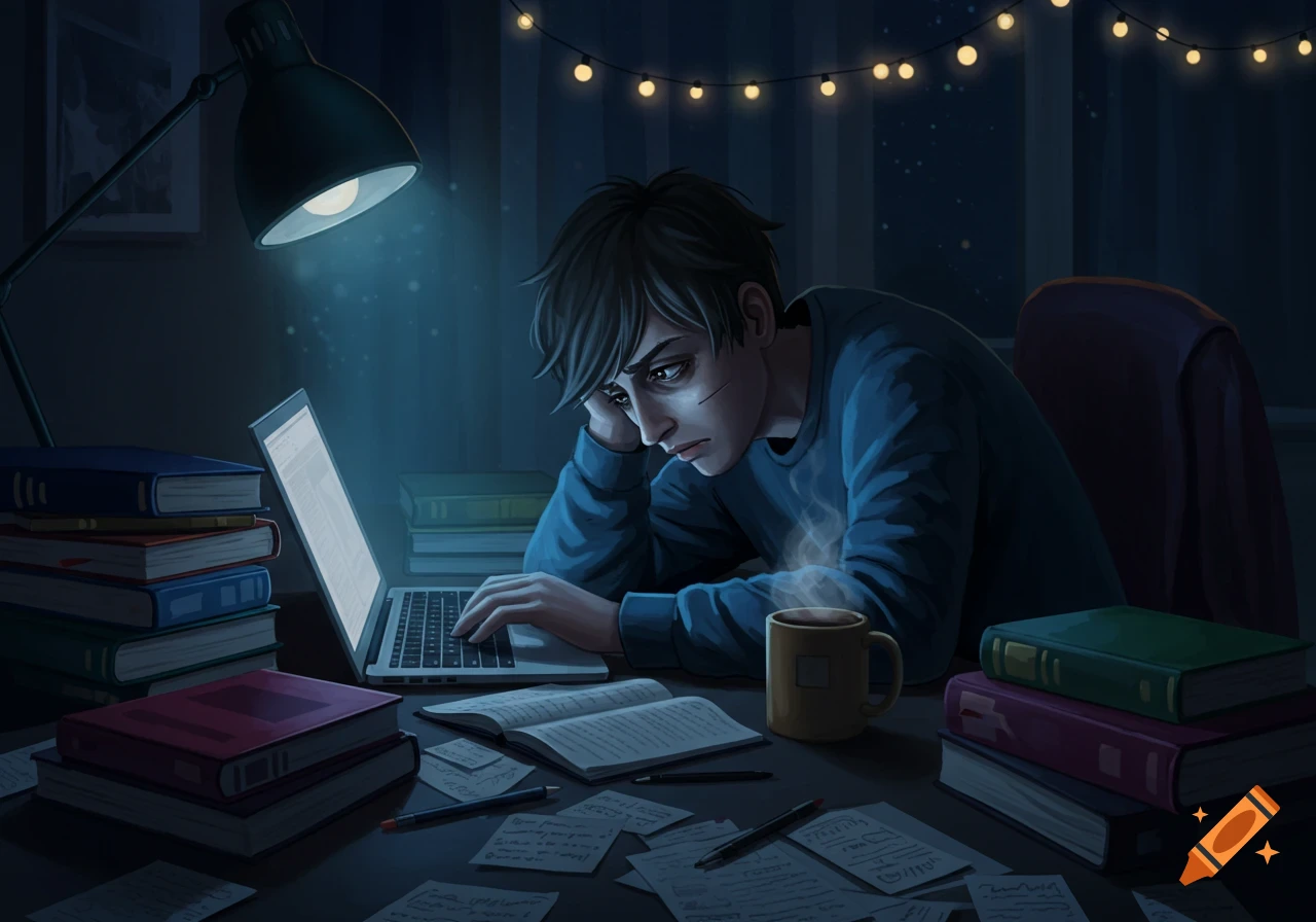 Illustration of a stressed student typing on a laptop at a desk with books and papers, lit by a lamp at night.