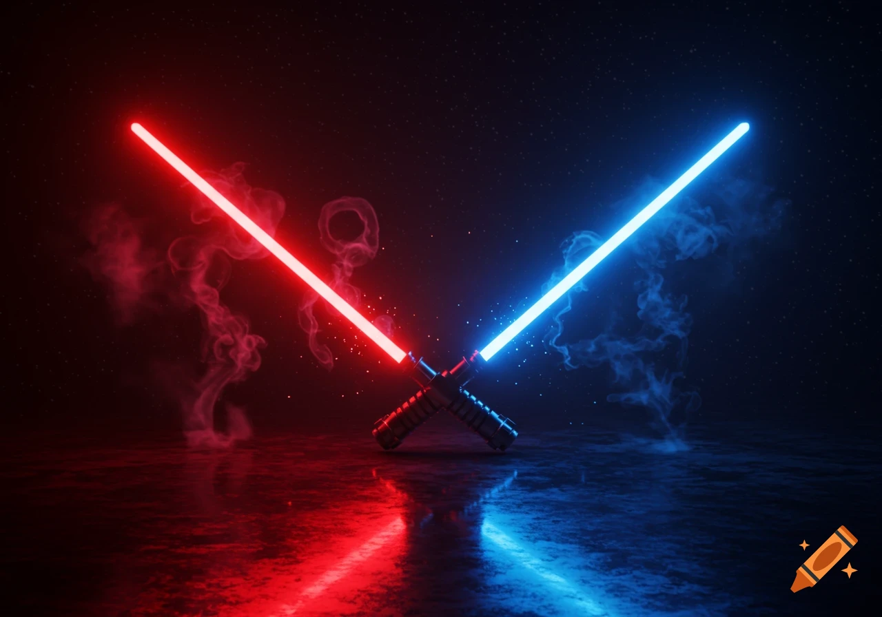 Two glowing lightsabers, one red and one blue, crossed on a reflective dark surface with smoke and stars.
