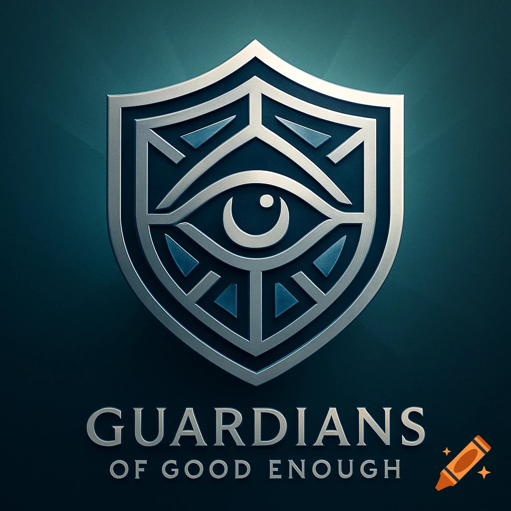 A metallic silver shield logo with an eye design at its center, above the words "GUARDIANS OF GOOD ENOUGH" on a dark teal background.