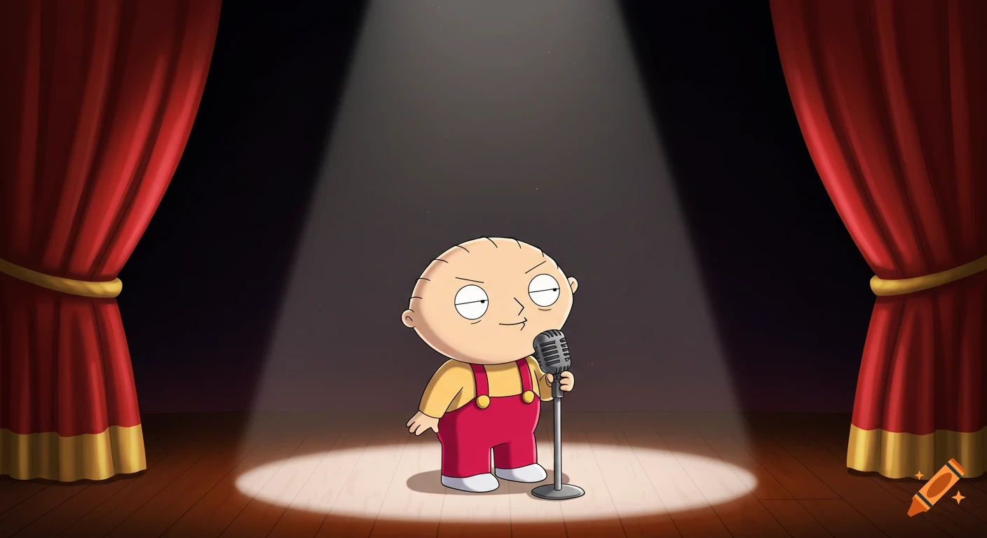 Stewie Griffin from Family Guy on a stage under a spotlight, holding a microphone with red curtains in cartoon style.