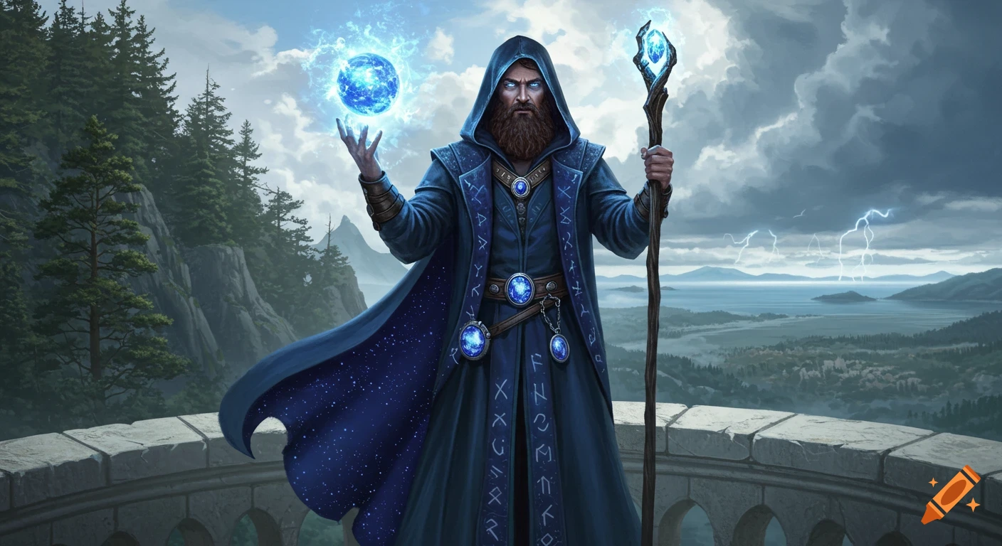 A bearded wizard in blue robes stands on a stone parapet, holding a glowing blue orb and staff, with a stormy sea and forest background.