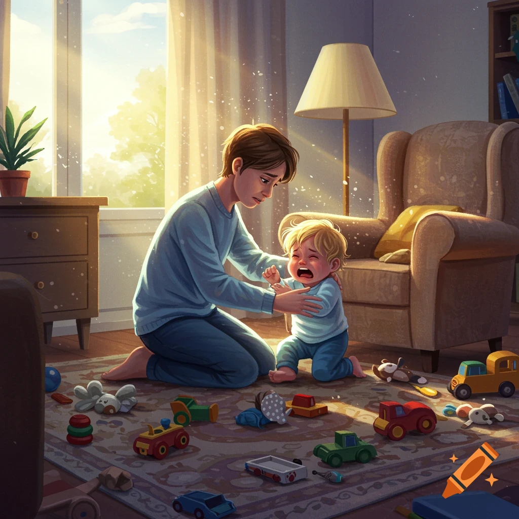 A parent kneels to comfort a crying toddler surrounded by toys in a sunlit room, in a digital illustration style.