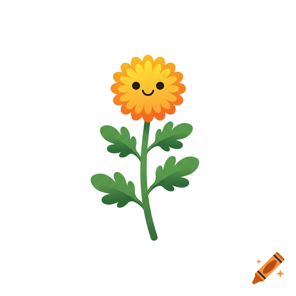 A cheerful cartoon chrysanthemum plant with a smiling face, yellow and orange petals, and green leaves on a white background.