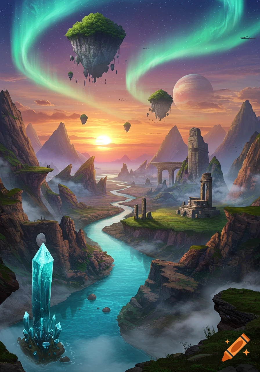 Vibrant fantasy landscape with floating islands, winding river, mountains, ancient ruins, and a large glowing crystal under a sunset sky with an aurora and a planet.
