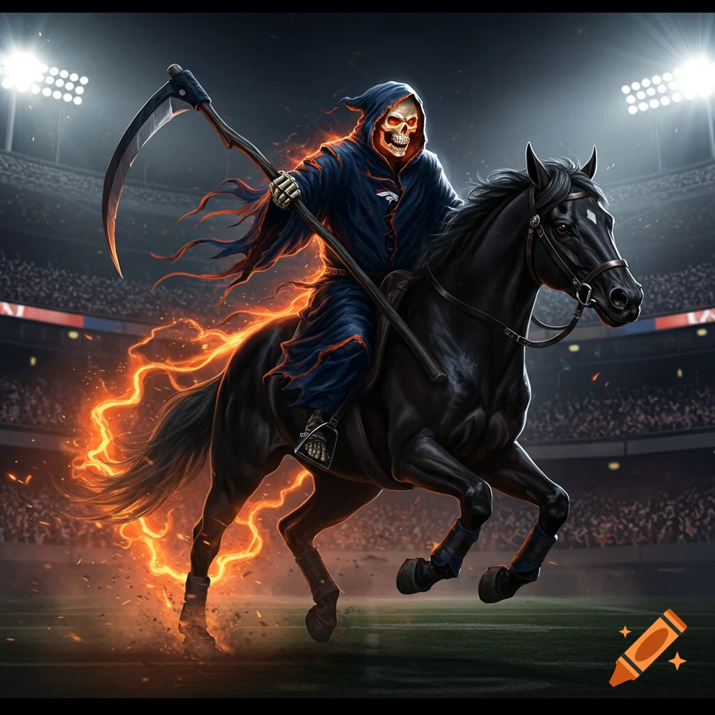 Denver Broncos-themed Grim Reaper in a dark hooded robe, holding a scythe, rides a black horse wreathed in fire through a football stadium.