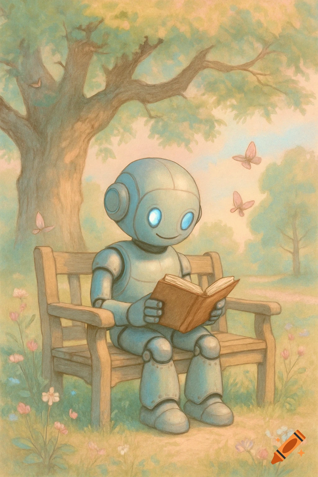 A friendly robot sits on a park bench, reading a book. Butterflies flutter around a tree in the pastel illustration.