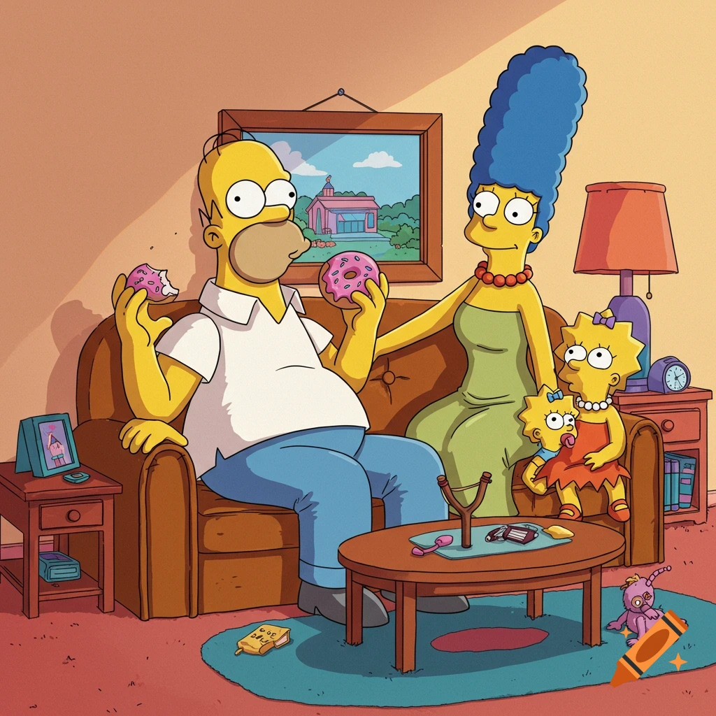 The Simpsons family (Homer, Marge, Lisa, Maggie) relaxes on their living room couch, eating pink donuts in a classic cartoon style.