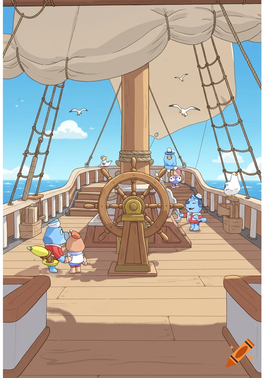 Cheerful cartoon characters on the deck of a sailing ship with a large ship's wheel, under a sunny sky with seagulls.