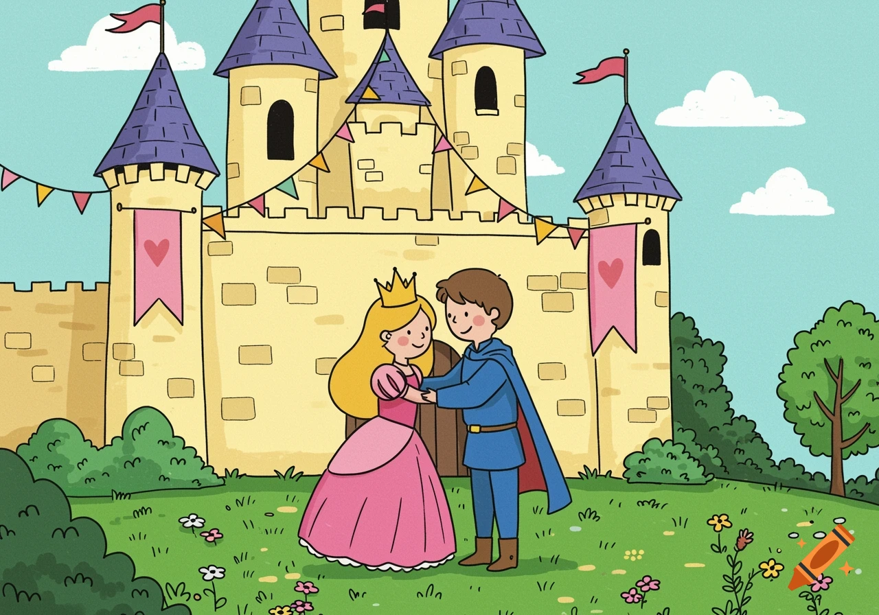 Cartoon princess and prince hugging in front of a fairytale castle decorated with flags and flowers.