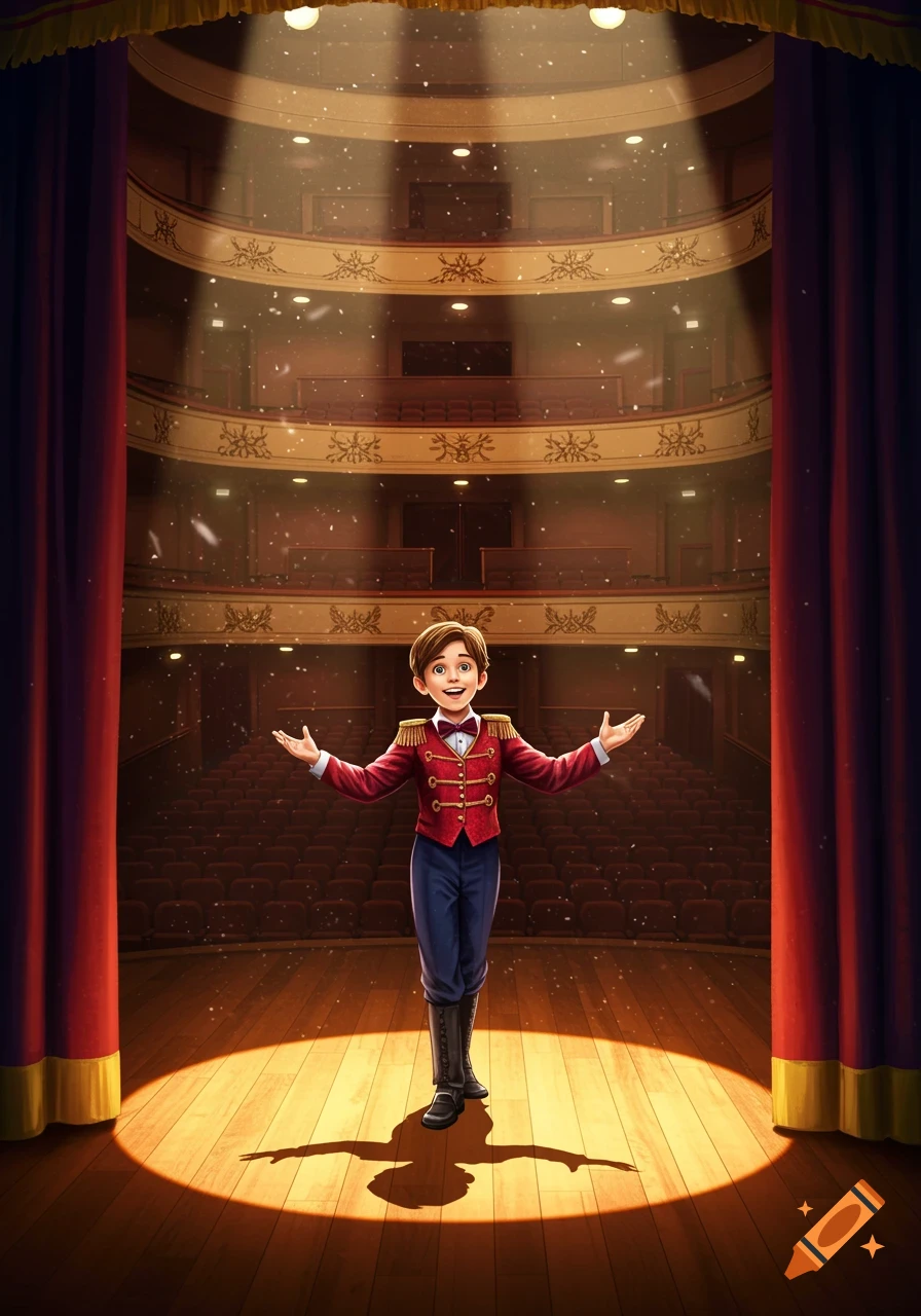 A young boy in a red uniform stands on a spotlighted theater stage with his arms open, an empty auditorium behind him.