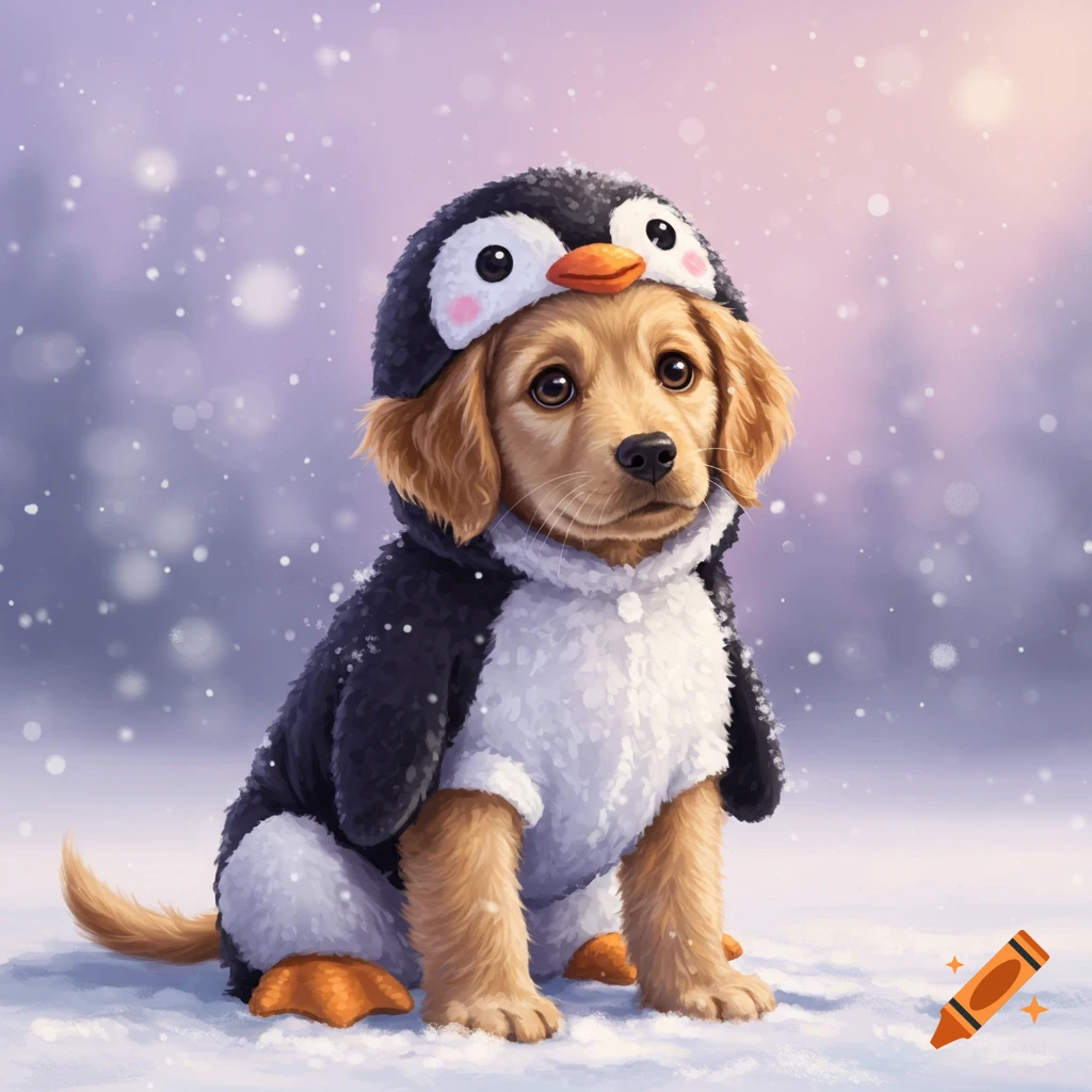 A cute golden retriever puppy wearing a black and white penguin costume, sitting in the snow under falling snowflakes.
