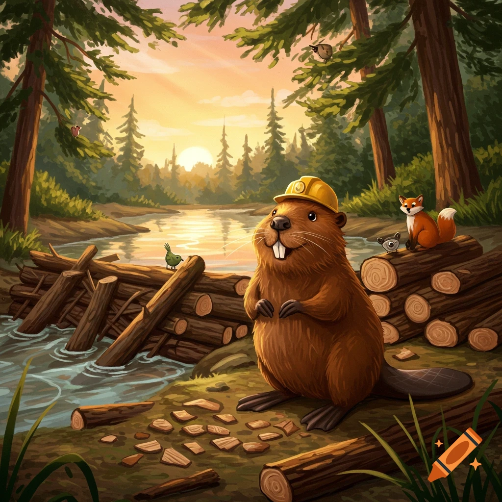 A cheerful cartoon beaver in a yellow hard hat stands by a river with a log dam in a lush forest at sunset, with a fox and birds.
