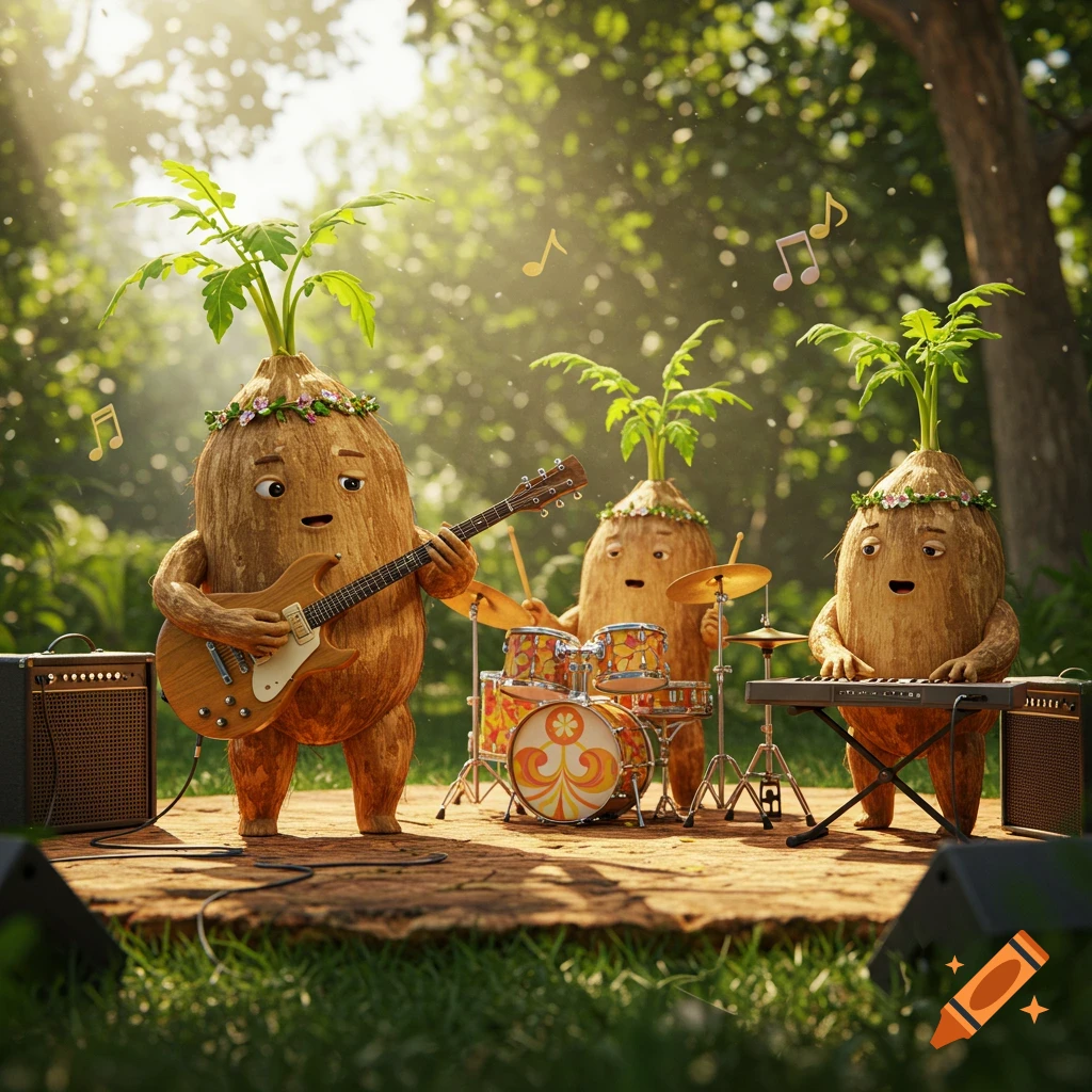 Three cartoon root creatures with leafy tops playing guitar, drums, and keyboard in a sunny forest.