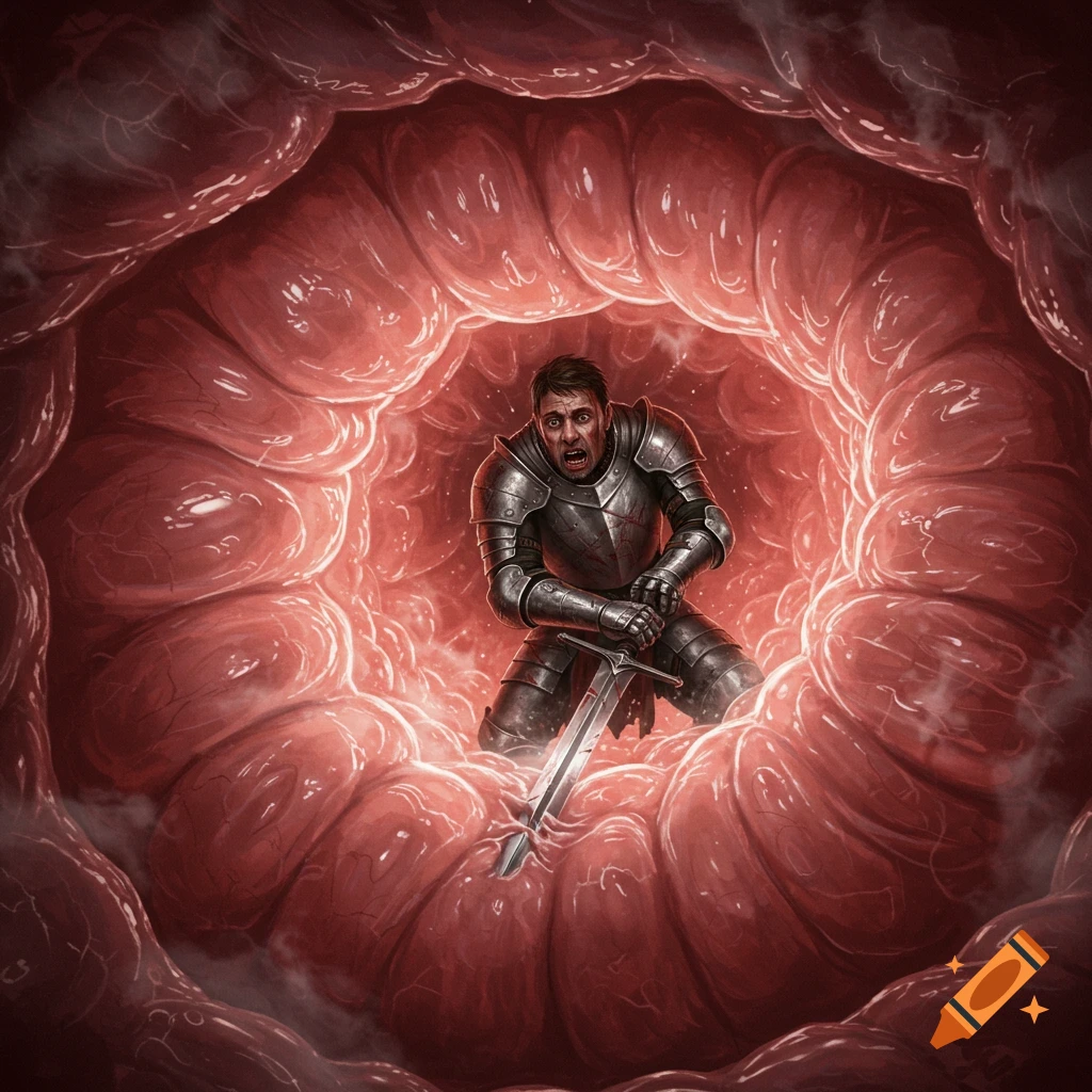 A fearful knight in silver armor with a sword is trapped inside a grotesque, fleshy red cavern, likely a monster's stomach. Detailed fantasy art.