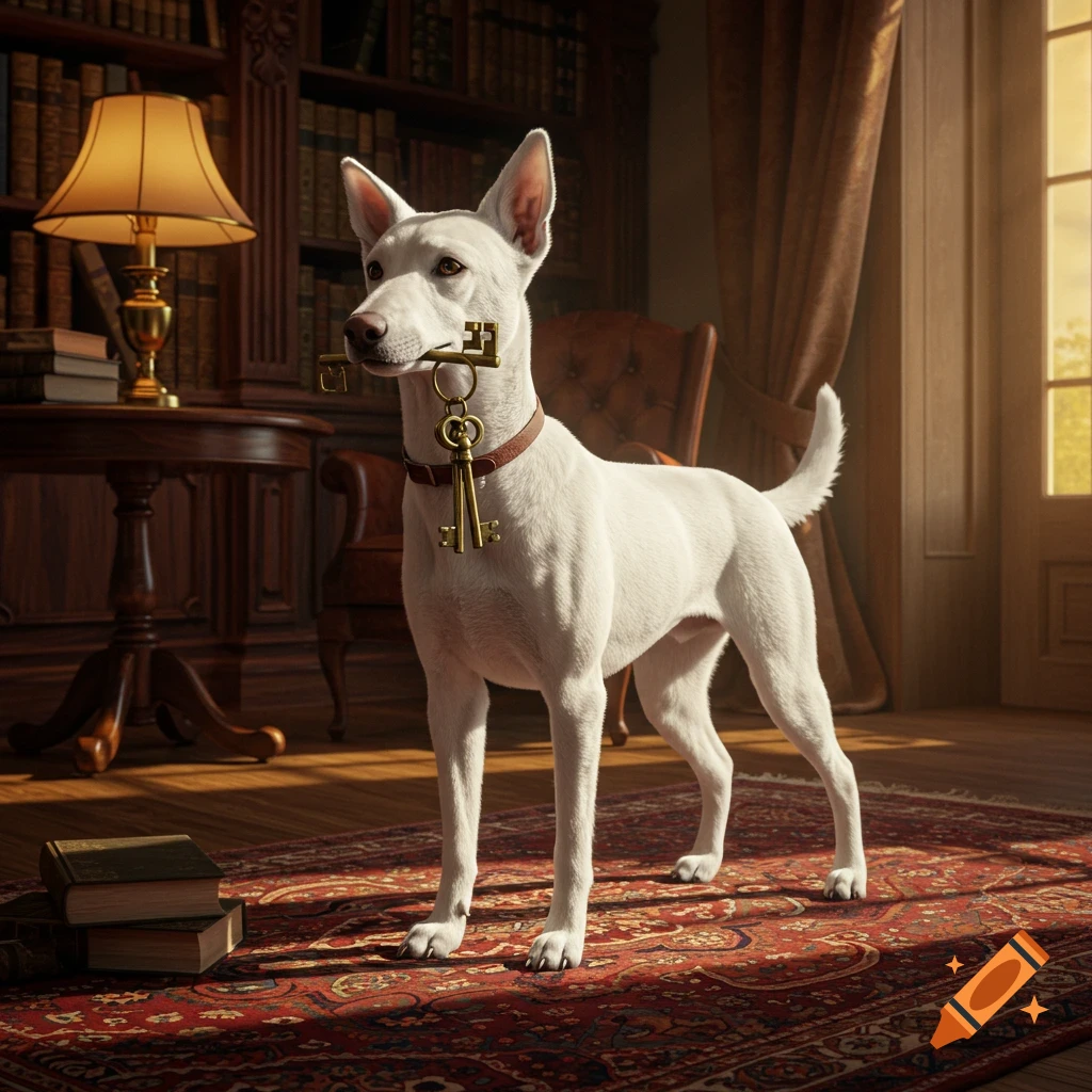 A photorealistic white dog holds a ring of brass keys in its mouth, standing on a red patterned rug in an elegant library.