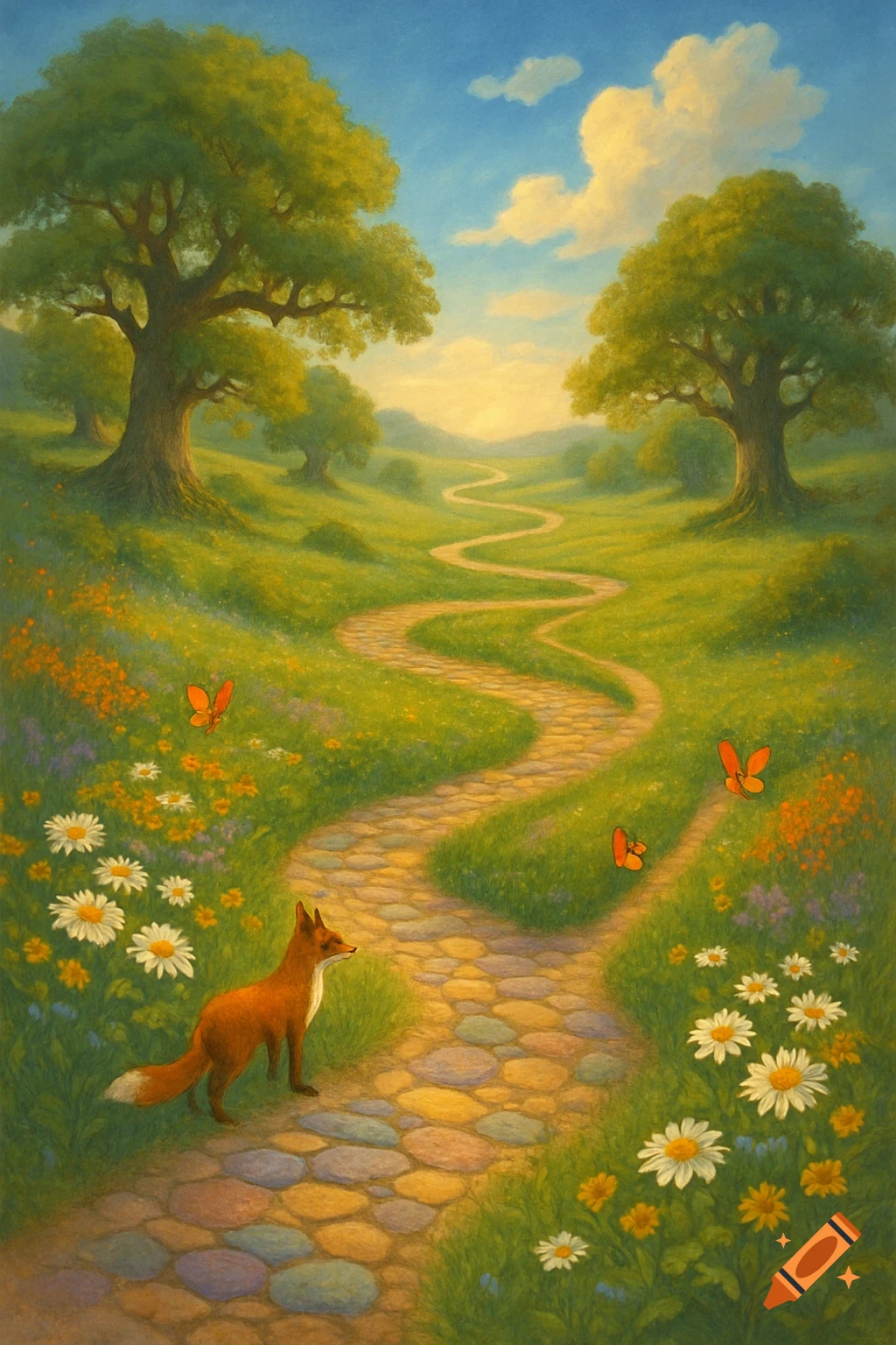A whimsical painting of a fox on a winding stone path through a vibrant green meadow with trees, colorful flowers, and butterflies under a blue sky.