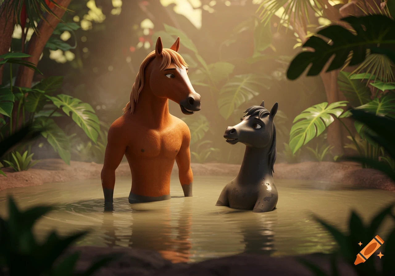 A brown anthropomorphic bipedal horse and a smaller black horse relaxing in a mud pool in a lush jungle setting, 3D animation.