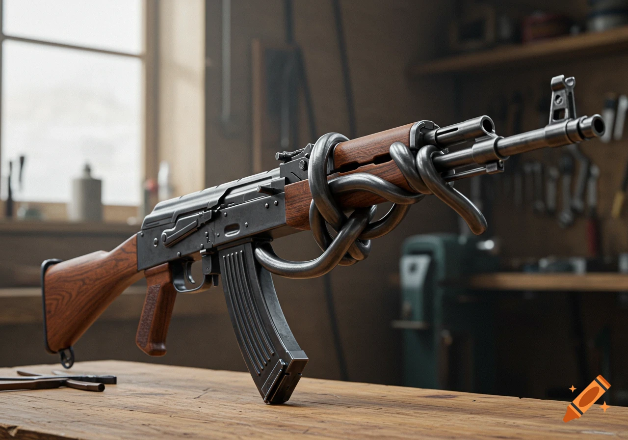 Photorealistic AK-47 rifle with its barrel tied in a knot, on a wooden workbench in a workshop.