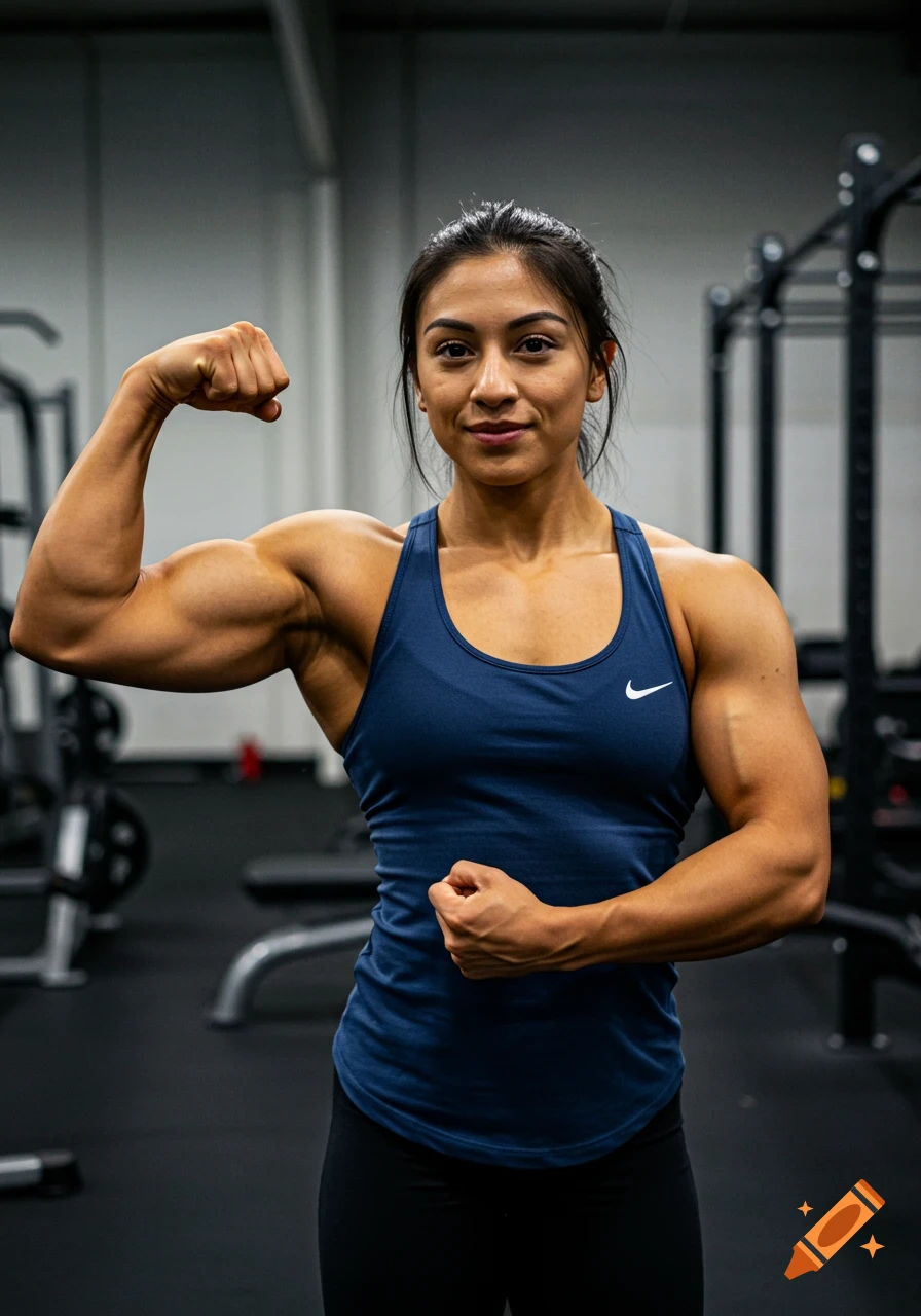 A muscular woman in a blue tank top flexing her biceps in a gym.