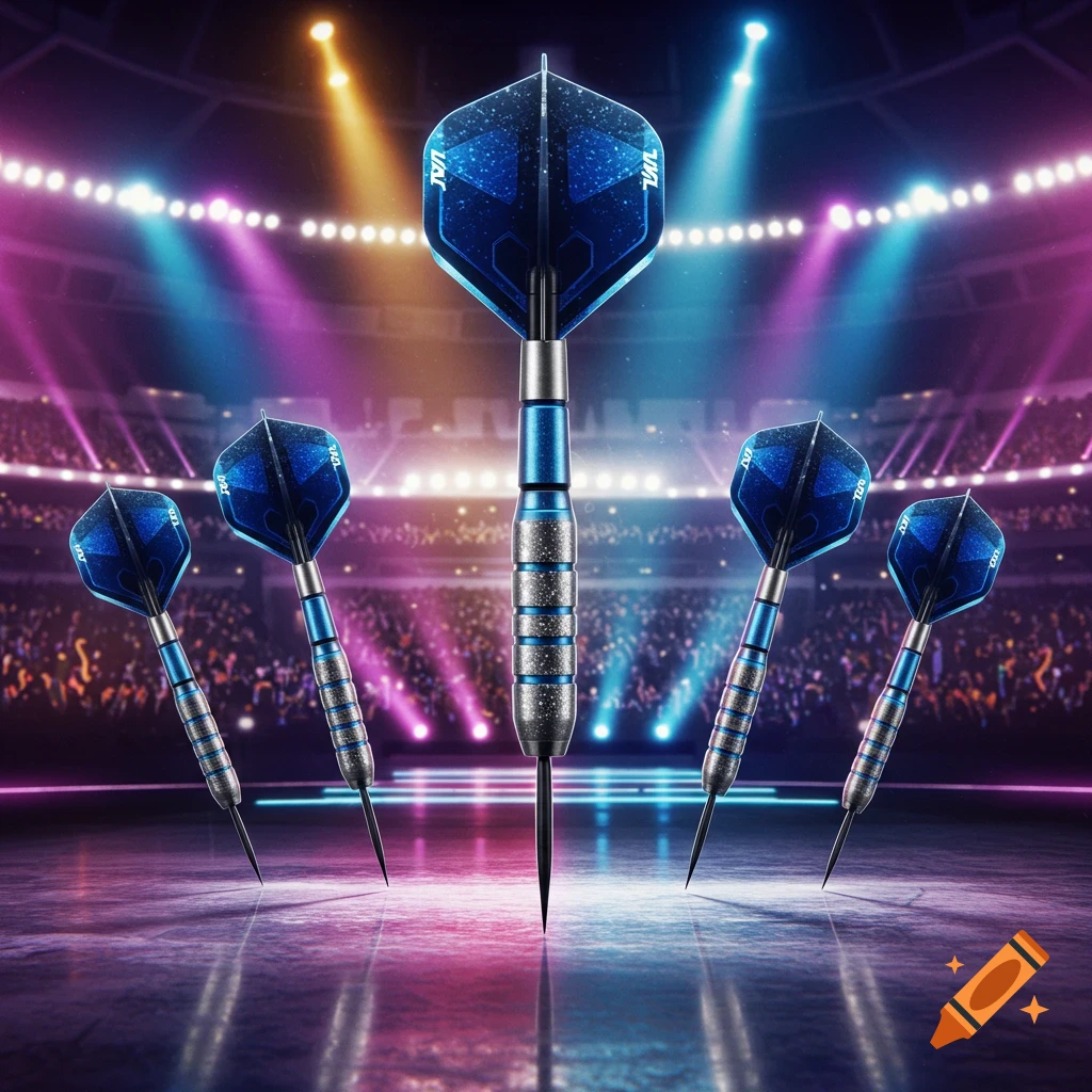 Five blue and silver darts stand on a reflective stage in a brightly lit arena filled with spectators.