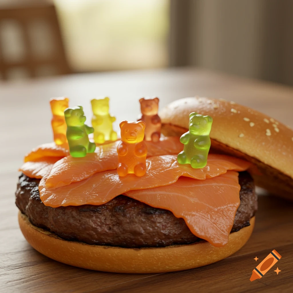 A photorealistic hamburger patty topped with smoked salmon and six colorful gummy bears. A bun sits beside it on a wooden table.